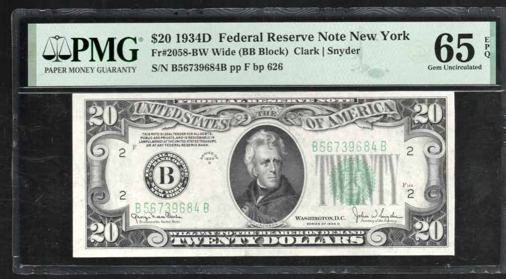 1934D $20 New York FRN PMG 65EPQ: One 1934D $20 New York FRN PMG 65EPQ.
