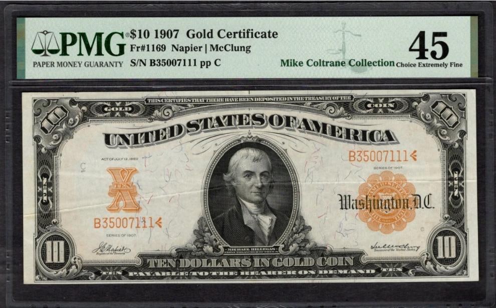 1907 $10 Gold Certificate PMG 45: One 1907 $10 Gold Certificate PMG 45.