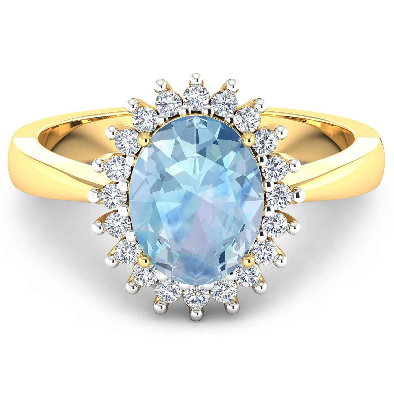14KT Yellow Gold 0.96ct Aquamarine and Diamond Ring: 1 Aquamarine stone with a total weight of 0.96cts. Aquamarine (AA+) Oval 8x6mm - 1Pc + White Diamond F/C Round 1.40mm - 17Pcs (I1-I2/I color). 0.19cts of Diamonds. Total weight of this ring is 3.22