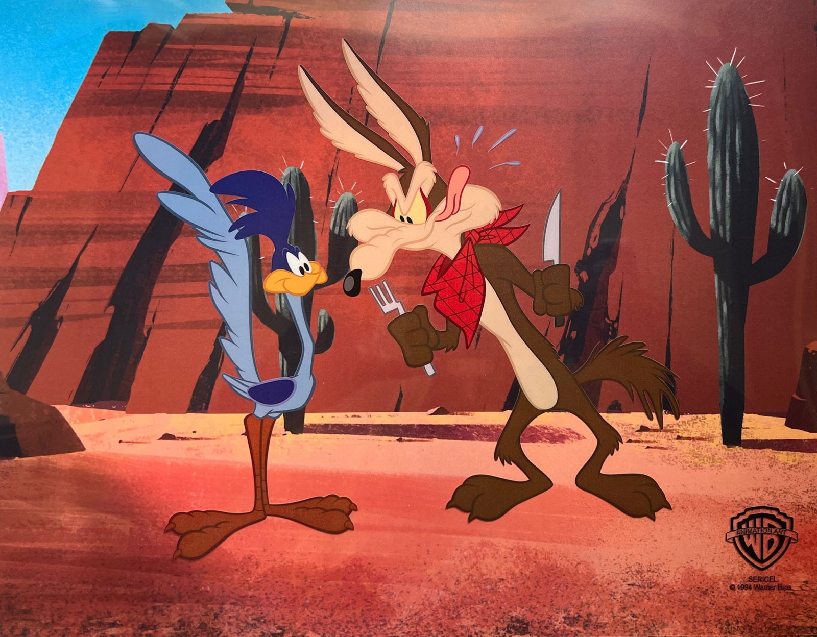 Warner Bros WILE COYOTE & ROADRUNNER Sericel Animation Art Cel Chariots of Fur: This is a limited edition sericel of Wile Coyote and Roadrunner titled Chariots of Fur. This Cel measures 11 inches x 14 inches, comes unframed, in excellent condition. This cel bears an authenticatio