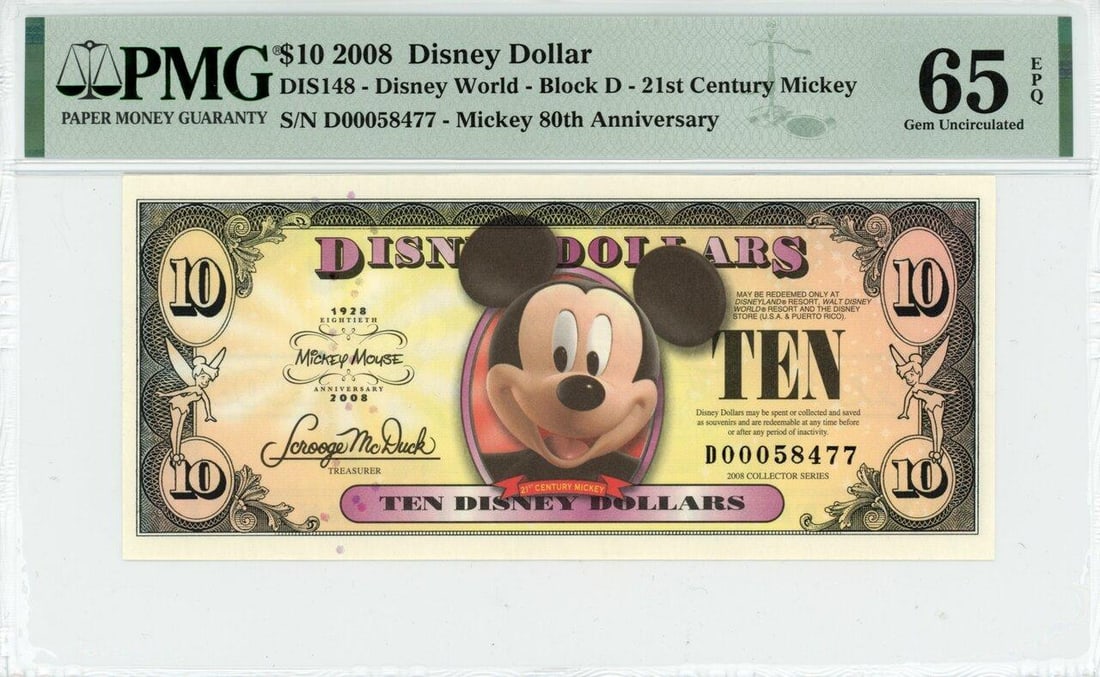 2008 $1 Mickey 80th Anniversary Disney Dollar PMG 65EPQ: One 2008 $1 Mickey 80th Anniversary Disney Dollar PMG 65EPQ.