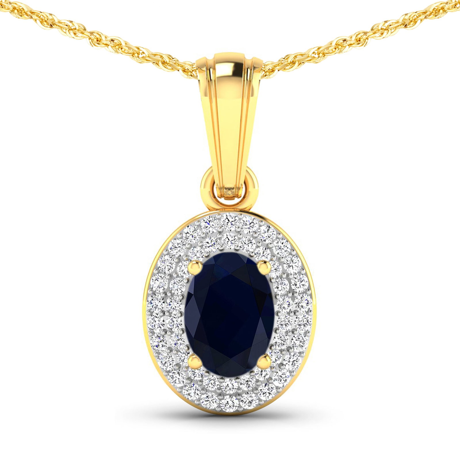 14KT Yellow Gold 0.75ctw Blue Sapphire and Diamond Pendant: Blue Sapphire (AA) Oval 7x5mm - 1Pc + White Diamond F/C Round 0.90mm - 48Pcs ( White Pan Rhodium ) (I1-I2/I color) Total weight of gemstone is 0.75cts. Total Diamond weight is 0.16cts. Total weight of