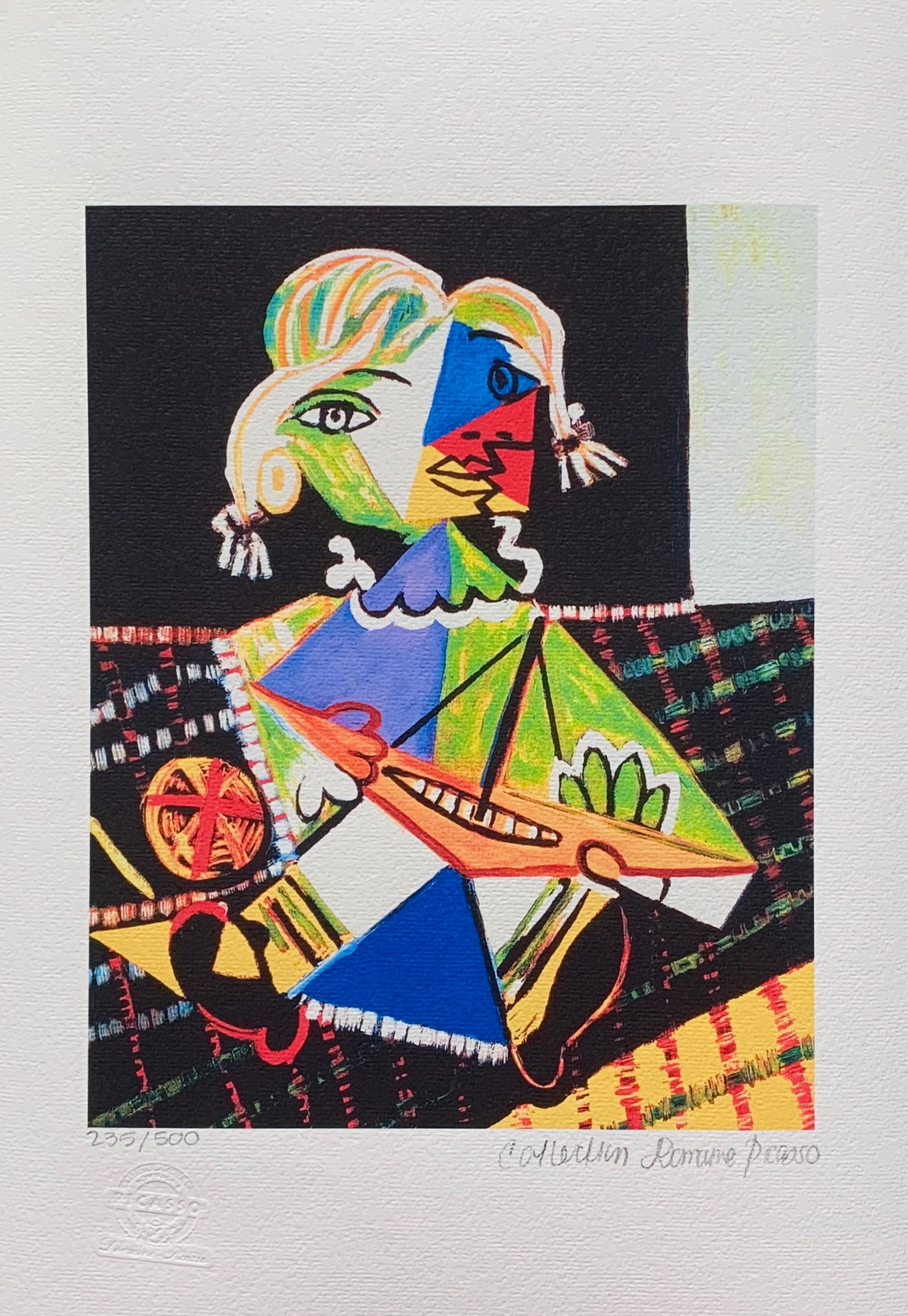 Pablo Picasso MAYA WITH BOAT Estate Signed Limited Edition Giclee: This is a PABLO PICASSO (ESTATE COLLECTION DOMAINE) (1881-1973) small giclee titled Maya with Boat. This piece is pencil signed on the lower right as Collection Domaine Picasso and has an embossed