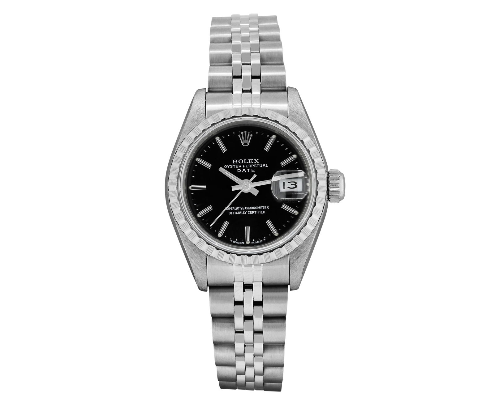 Rolex Ladies Stainless Steel Black Index Quickset Date Watch: This Lady Rolex Quickset Date watch features a black dial with index hour markers and a custom sapphire crystal, with a magnified date window. The timepiece has Rolex stainless steel engine turn