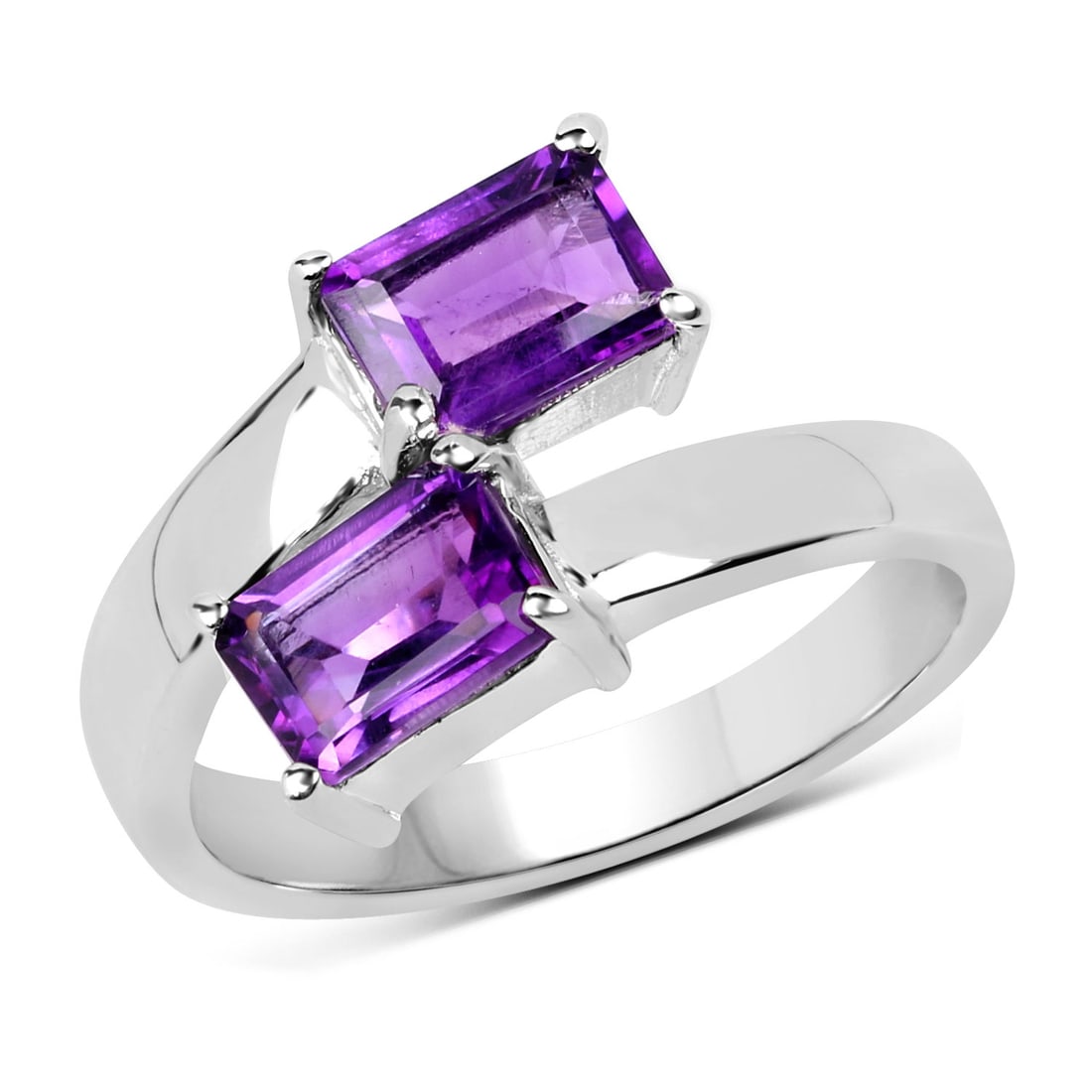 Sterling Silver 1.90ctw Amethyst Ring: .925 sterling silver showcases two natural octagon?cut amethysts, each 7×5?mm and totaling 1.90?ctw, set in secure prongs that highlight their rich purple color. The ring’s fluid open?ended design