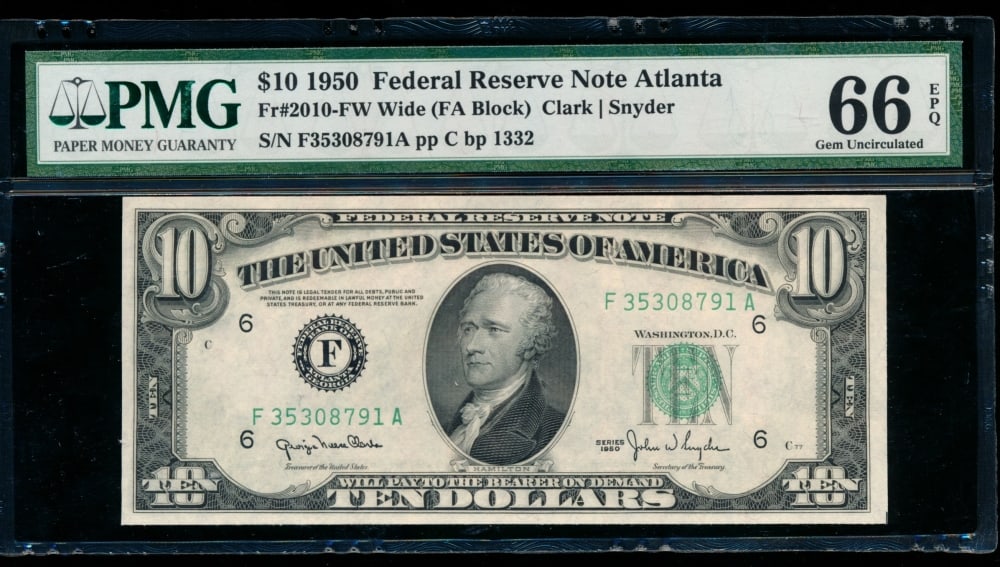 1950 $10 Atlanta FRN PMG 66EPQ: One 1950 $10 Atlanta FRN PMG 66EPQ.
