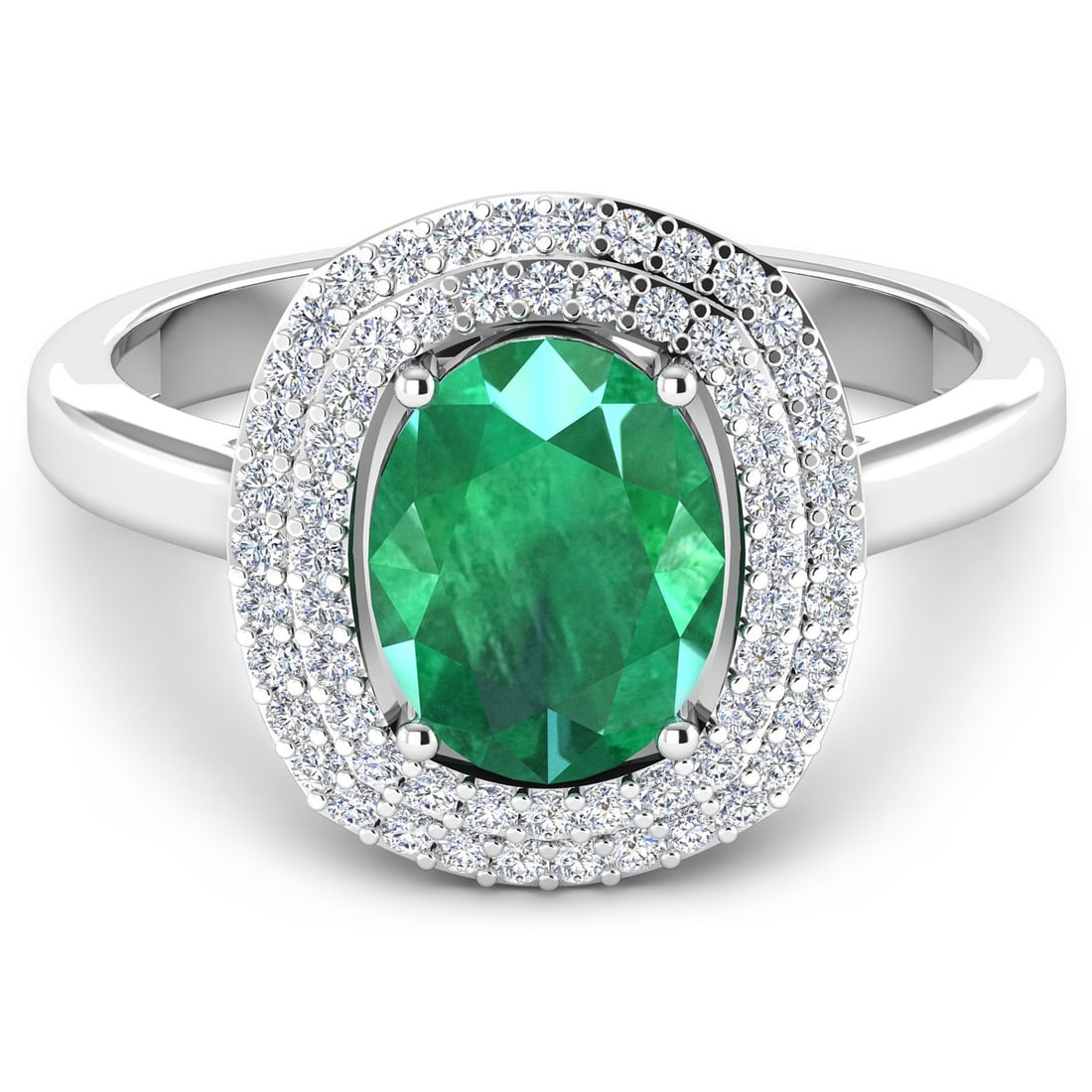 14KT White Gold 1.53ct Zambian Emerald and Diamond Ring: 1 Zambian Emerald with a total weight of 1.53cts. Zambian Emerald (AA) Oval 9x7mm - 1Pc + White Diamond F/C Round 1.00mm - 62Pcs (I1-I2/I color). 0.28cts of Diamonds. Total weight of this ring is