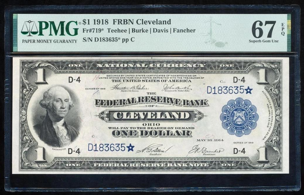 1918 $1 STAR Cleveland FRBN PMG 67EPQ: One 1918 $1 STAR Cleveland FRBN PMG 67EPQ.