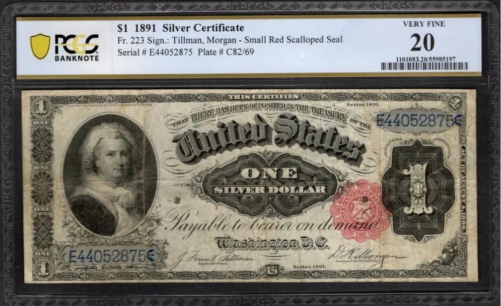 1891 $1 Martha Washington Silver Certificate PCGS 20: One 1891 $1 Martha Washington Silver Certificate PCGS 20.
