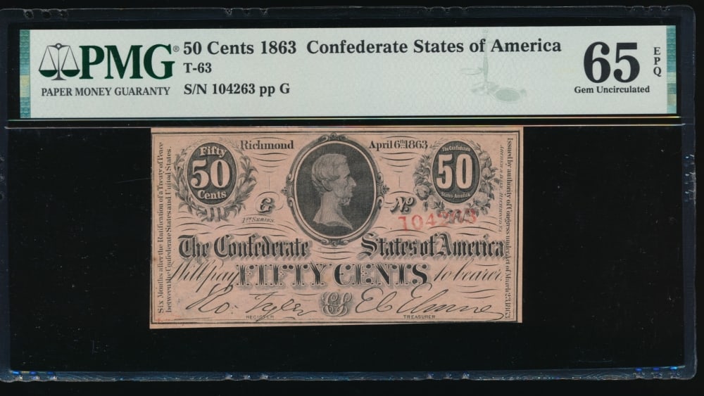 50 Cent 1863 T-63 Confederate PMG 65EPQ: One 50 Cent 1863 T-63 Confederate PMG 65EPQ.