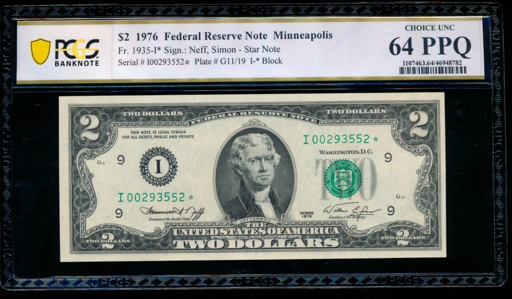 1976 $2 STAR Minneapolis FRN PCGS 64PPQ: One 1976 $2 STAR Minneapolis FRN PCGS 64PPQ.