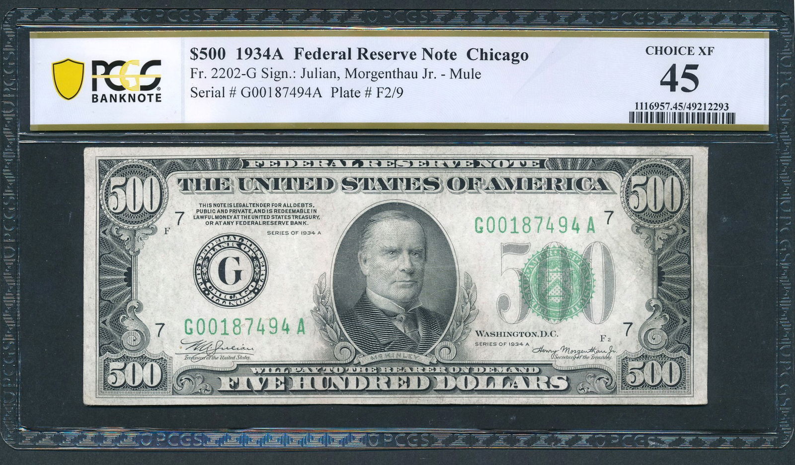 1934A $500 Chicago FRN PCGS 45: One 1934A $500 Chicago FRN PCGS 45.