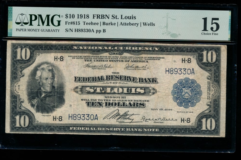 1918 $10 St Louis FRBN PMG 15: One 1918 $10 St Louis FRBN PMG 15.