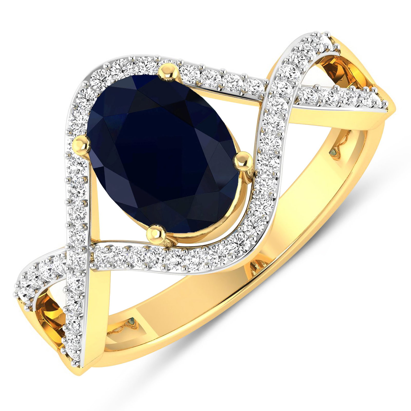 14KT Yellow Gold 1.3ctw Blue Sapphire and Diamond Ring: Blue Sapphire (AA) Oval 8x6mm - 1Pc + White Diamond F/C Round 1.00mm - 52Pcs ( White Pan Rhodium ) ( I1-I2/I color ) Total weight of gemstone is 1.3cts. Total Diamond weight is 0.24cts. Total weight o