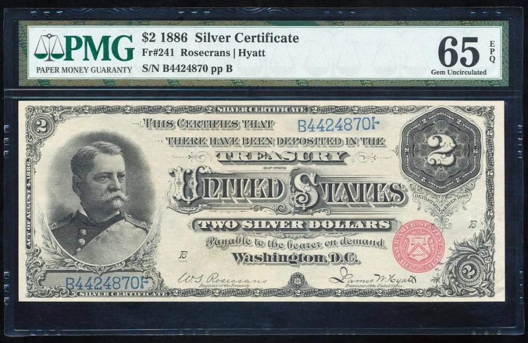 1886 $2 Silver Certificate PMG 65EPQ: One 1886 $2 Silver Certificate PMG 65EPQ.