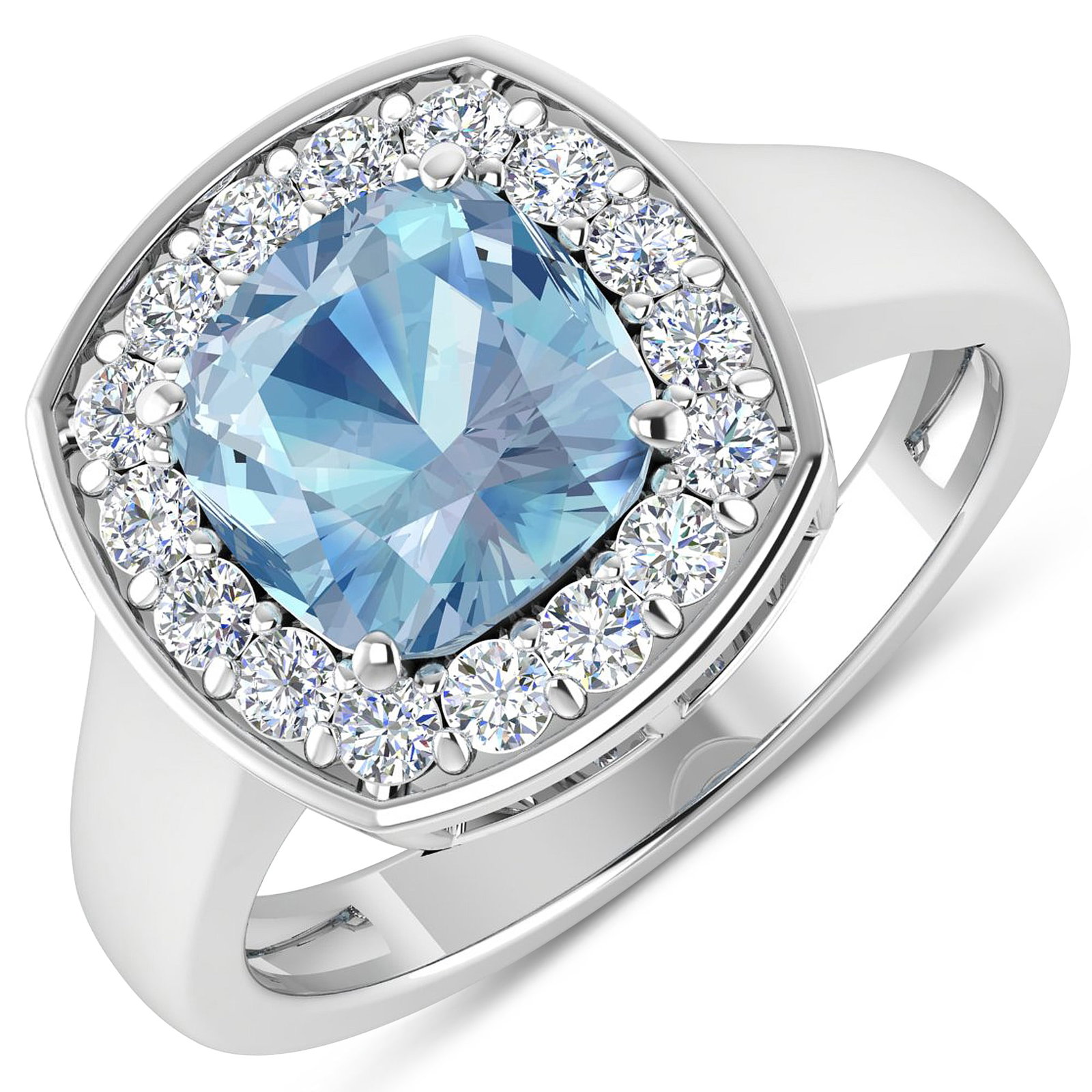 14KT White Gold 1.48ct Aquamarine and Diamond Ring: Aquamarine (AA+) Cushion 8.00mm - 1Pc + White Diamond F/C Round 2.00mm - 16Pcs ( Diamond Quality : SI-2/HI ). Total weight of gemstone is 1.48cts. Total weight of Diamonds is 0.48cts. Total weight of