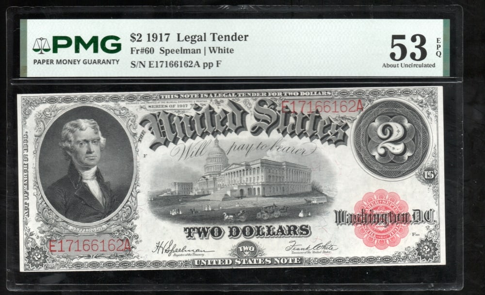 1917 $2 Legal Tender Note PMG 53EPQ: One 1917 $2 Legal Tender Note PMG 53EPQ.