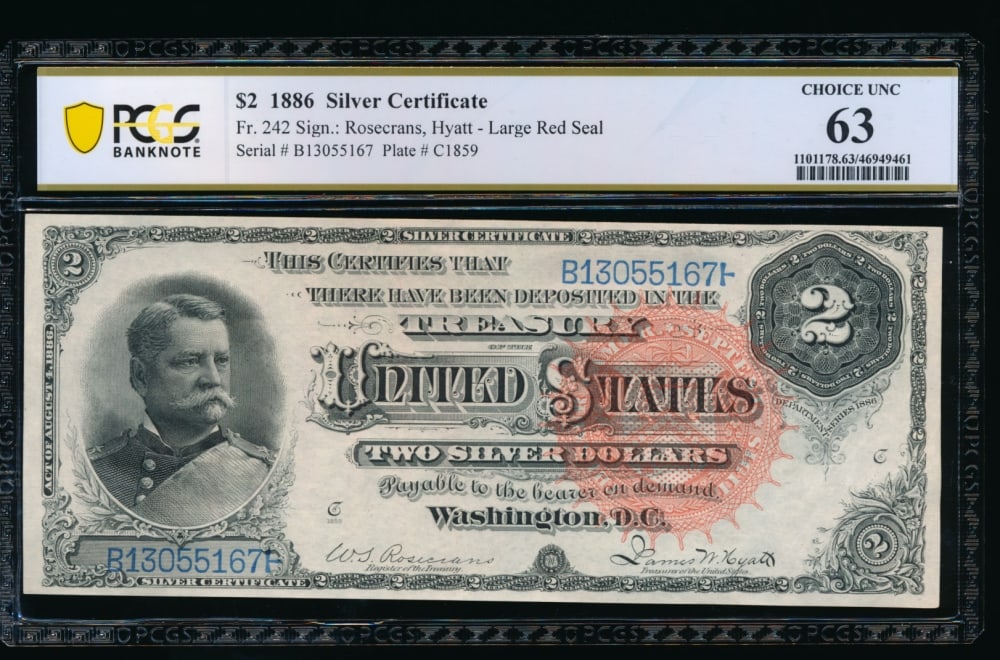 1886 $2 Silver Certificate PCGS 63: One 1886 $2 Silver Certificate PCGS 63.