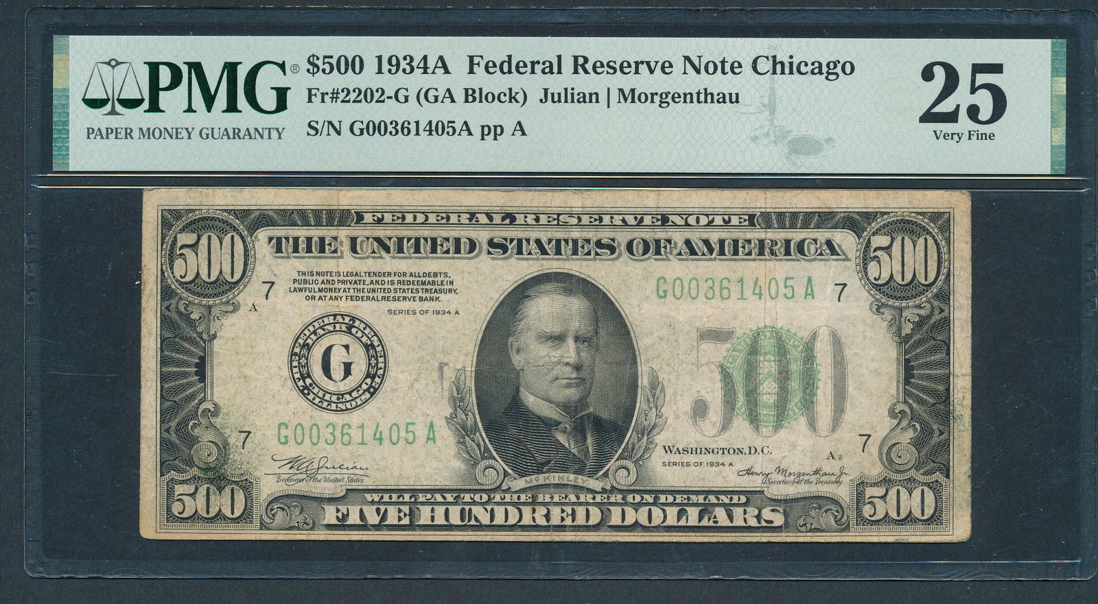 1934A $500 Chicago FRN PMG 25: One 1934A $500 Chicago FRN PMG 25.