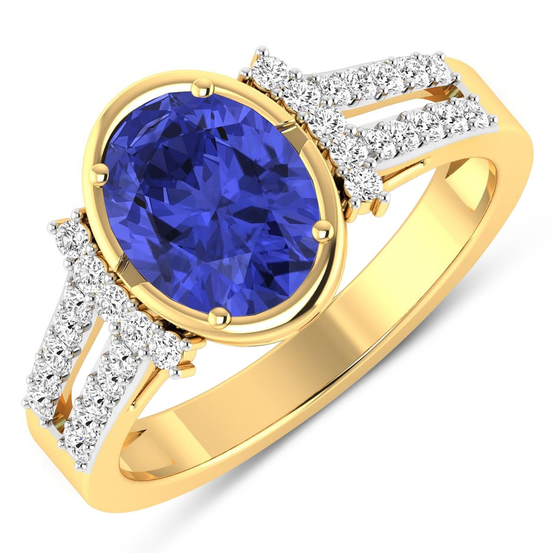 14KT Yellow Gold 1.41ctw Tanzanite and Diamond Ring: Tanzanite (AA+) Oval 9x7mm - 1Pc + White Diamond F/C Round 1.30mm - 30Pcs ( White Pan Rhodium ) ( SI-2/HI ) Total weight of gemstone is 1.41cts. Total Diamond weight is 0.3cts. Total weight of this ri
