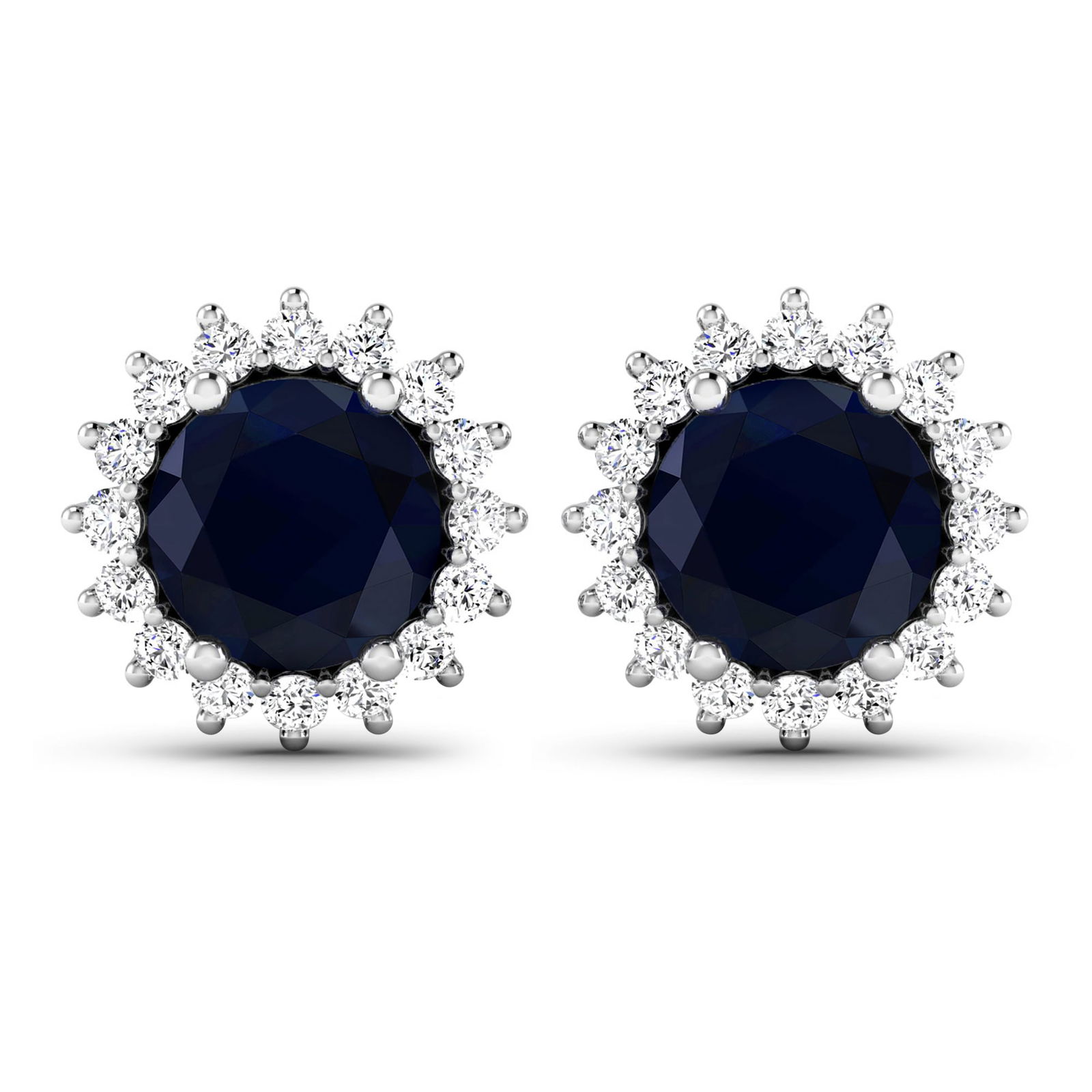 14KT White Gold 2.2ctw Blue Sapphire and Diamond Earrings: Blue Sapphire (AA) Round 6.00mm - 2Pcs + White Diamond F/C Round 1.30mm - 32Pcs ( Push-Post ) ( I1-I2/I color ) Total weight of gemstones is 2.2cts. Total Diamond weight is 0.32cts. Total weight of th