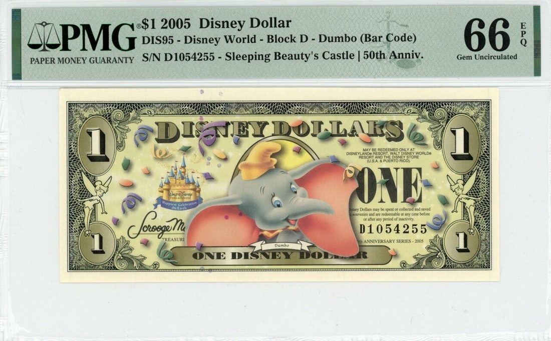 2005 $1 Dumbo Disney Dollar PMG 66EPQ: One 2005 $1 Dumbo Disney Dollar PMG 66EPQ.