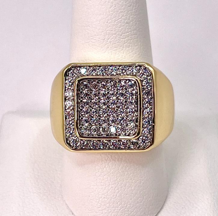 Mens14 Kt Gold Plated 5.75 Cwt. Simulated Diamond Ring: One Men's Handsome 14 Kt Yellow Gold Plated Ring. This ring is well made with strong detail. Size 10. Total gram Wt. is a stealth 16.1 total grams. These Sparkling Gemstones are all Eye Clean and Moun