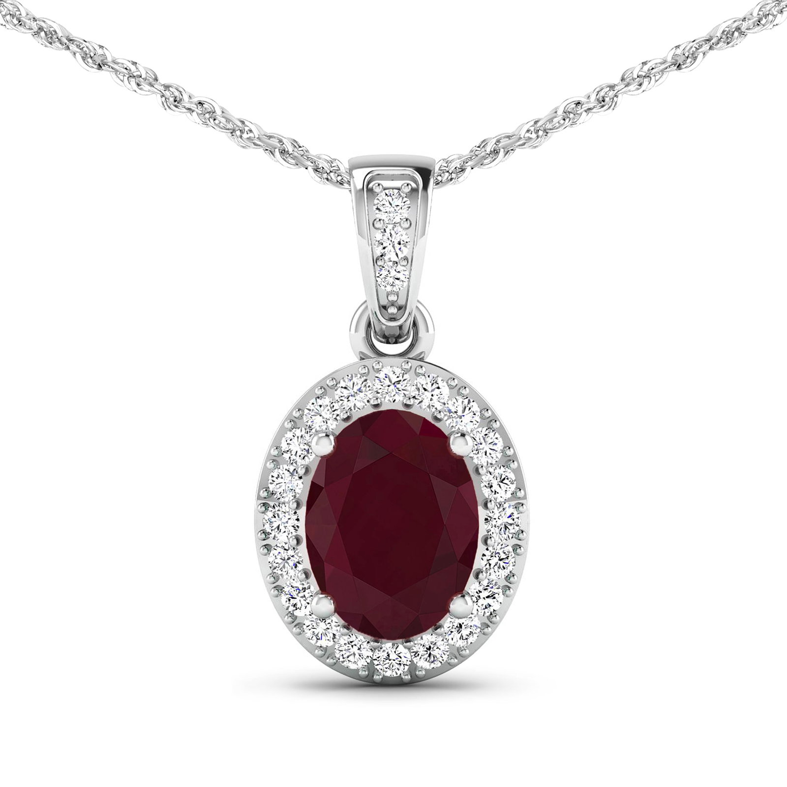 14KT White Gold 1.50ct Ruby and Diamond Pendant with Chain: 1 Ruby with a total weight of 1.50cts. Ruby (AA) Oval 8x6mm - 1Pc + White Diamond F/C Round 1.20mm - 22Pcs + White Diamond F/C Round 1.10mm - 1Pc ( I1-I2/I color ). Diamonds with a total weight of