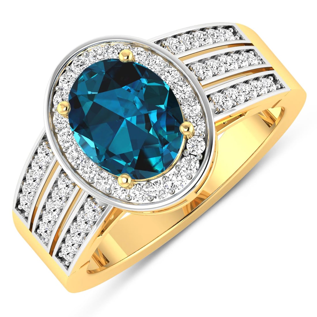 14KT Yellow Gold 1.9ctw London Blue Topaz and Diamond Ring: London Blue Topaz Oval 9x7mm - 1Pc + White Diamond F/C Round 1.30mm - 32Pcs + White Diamond F/C Round 1.20mm - 6Pcs + White Diamond F/C Round 1.10mm - 6Pcs + White Diamond F/C Round 1.00mm - 8Pcs ( Wh