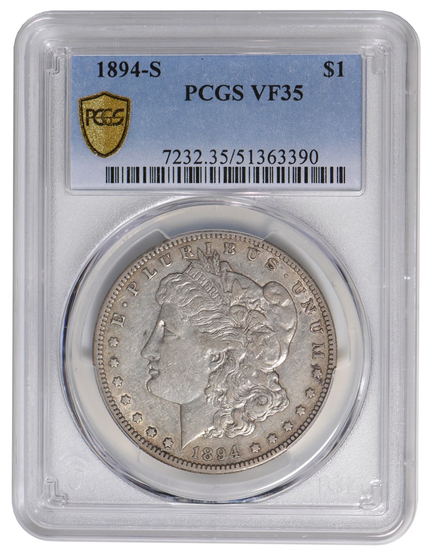 1894-S $1 Morgan Silver Dollar PCGS VF35: One 1894-S $1 Morgan Silver Dollar PCGS VF35.