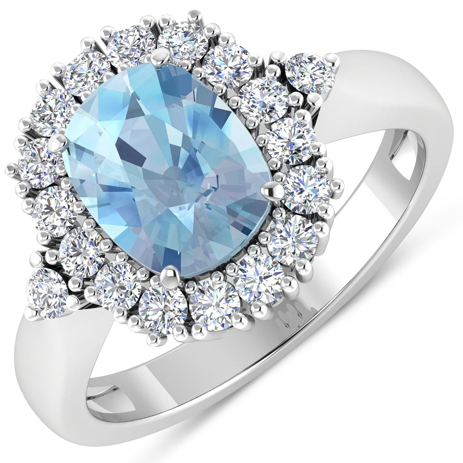14KT White Gold 1.65ct Aquamarine and Diamond Ring: Aquamarine (AA+) Cushion 9x7mm - 1Pc + White Diamond F/C Round 2.00mm - 18Pcs ( Diamond Quality : SI-2/HI ). Total weight of gemstone is 1.65cts. Total weight of Diamonds is 0.54cts. Total weight of t