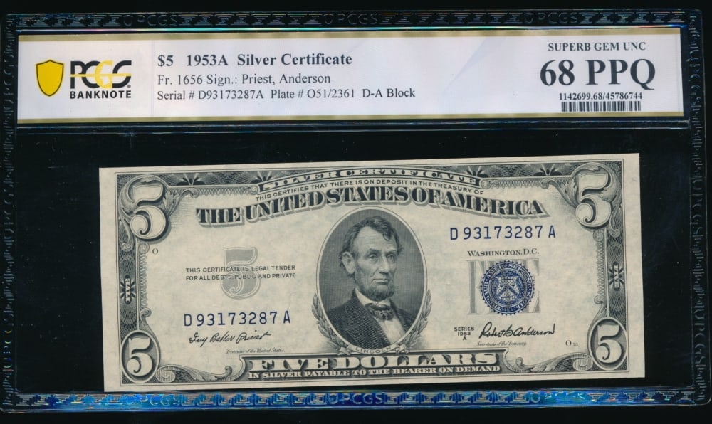 1953A $5 Silver Certificate PCGS 68PPQ (1 of 7)