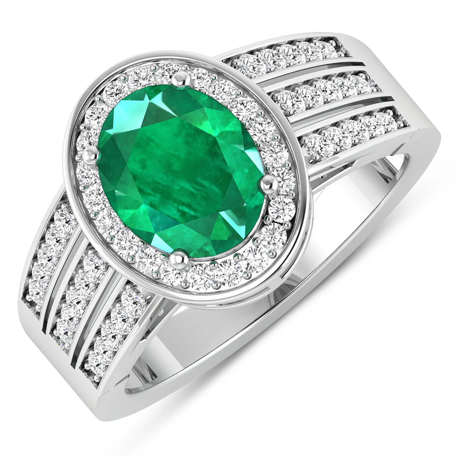 14KT White Gold 1.53ctw Zambian Emerald and Diamond Ring: Zambian Emerald (AA) Oval 9x7mm - 1Pc + White Diamond F/C Round 1.30mm - 32Pcs + White Diamond F/C Round 1.20mm - 6Pcs + White Diamond F/C Round 1.10mm - 6Pcs + White Diamond F/C Round 1.00mm - 8Pcs (