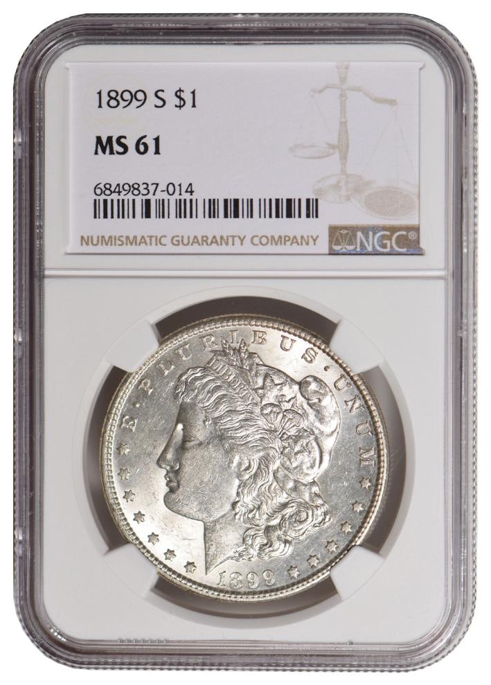 1899-S $1 Morgan Silver Dollar NGC MS61: One 1899-S $1 Morgan Silver Dollar NGC MS61.