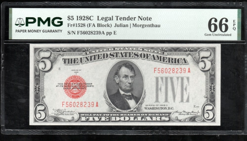 1928C $5 Legal Tender Note PMG 66EPQ: One 1928C $5 Legal Tender Note PMG 66EPQ.