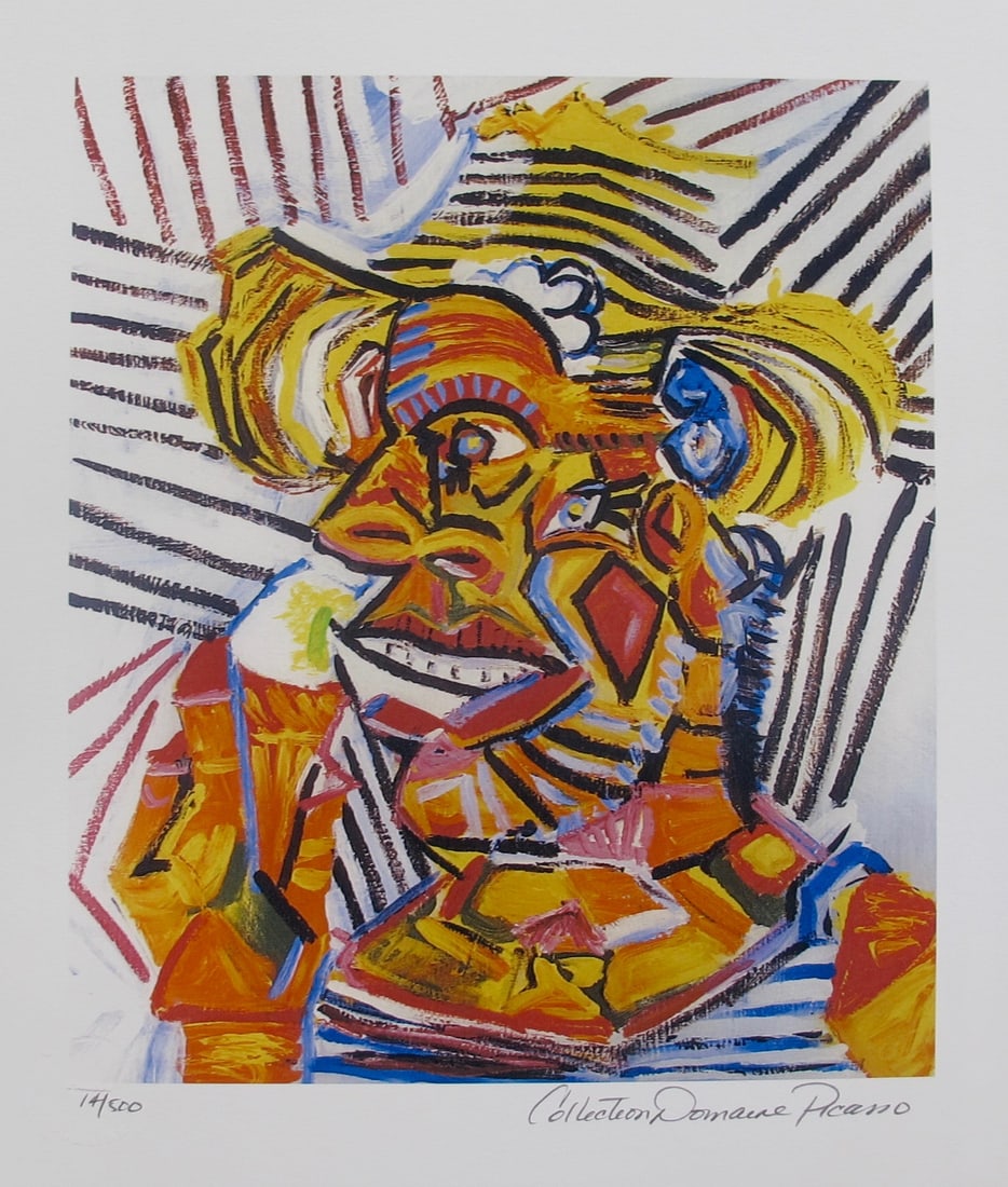 Pablo Picasso MAN WITH STRAW HAT Estate Signed Limited Edition Giclee: This is a PABLO PICASSO (ESTATE COLLECTION DOMAINE) (1881-1973) small giclee titled MAN WITH STRAW HAT. This piece is pencil signed on the lower right as Collection Domaine Picasso and has an embossed