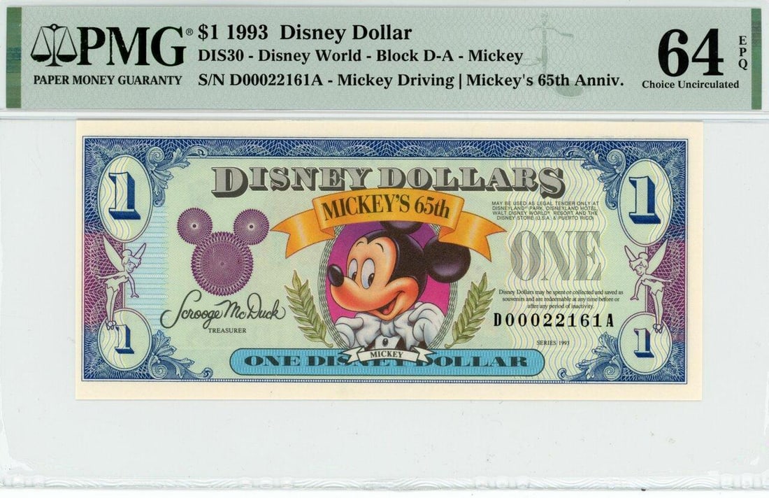 1993 $1 Mickey 65th Anniversary Disney Dollar PMG 64EPQ: One 1993 $1 Mickey 65th Anniversary Disney Dollar PMG 64EPQ.