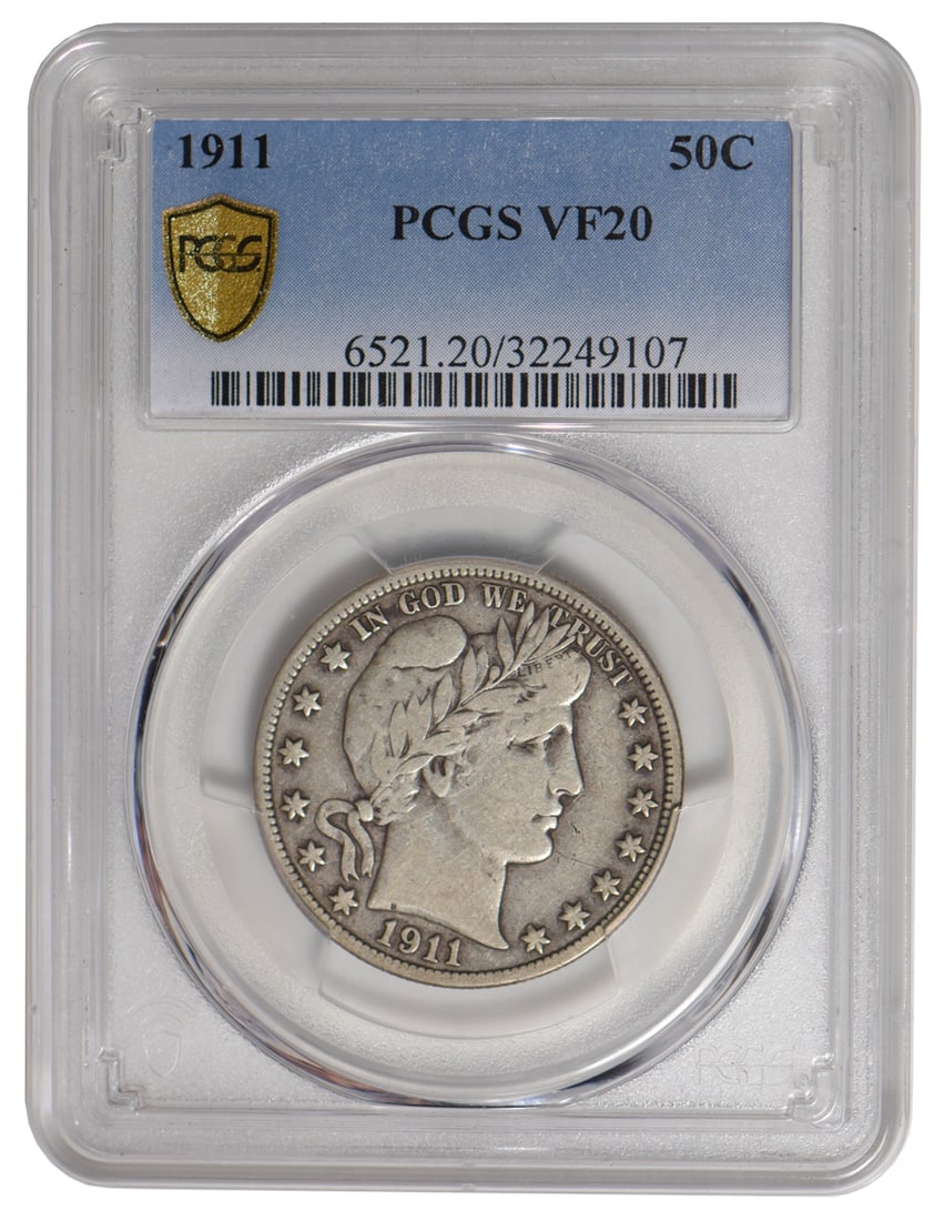 1911 Barber Half Dollar PCGS VF20: One 1911 Barber Half Dollar PCGS VF20.
