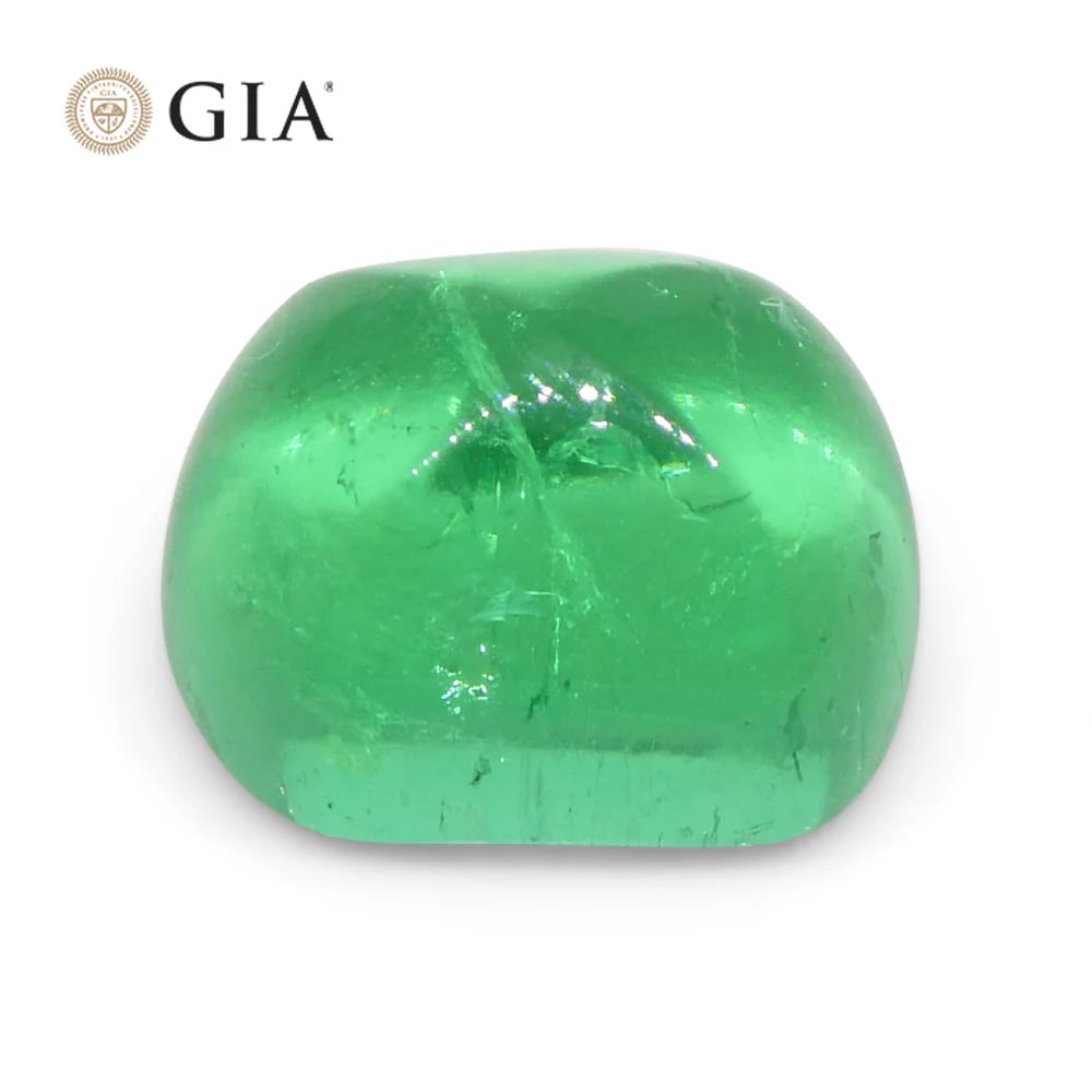 Incredible 1.9 Ct GIA Certified Natural Emerald: Gorgeous 1.9 Ct Green Emerald is a cushion sugarloaf cabochon cut measuring 7.84 x 6.63 x 4.72 mm. Reveals a medium light tone with moderately strong saturation. Origin: Colombia. Please see the certi