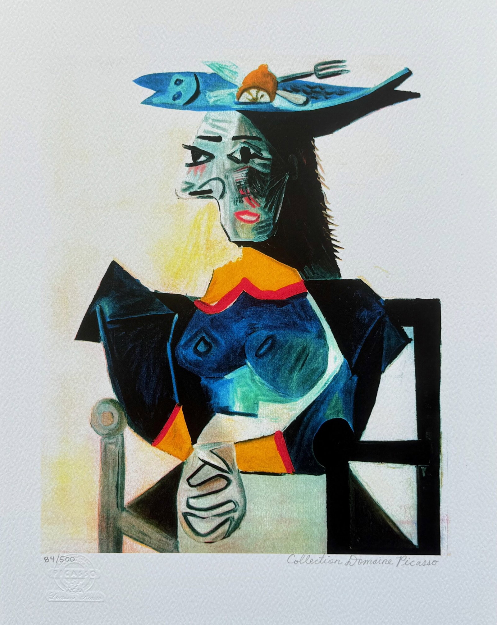 Pablo Picasso LADY WITH FORK & LEMON HAT Estate Signed Limited Edition Giclee: This is a PABLO PICASSO (ESTATE COLLECTION DOMAINE) (1881-1973) small giclee titled LADY WITH FORK AND LEMON HAT. This piece is pencil signed on the lower right as Collection Domaine Picasso and has a