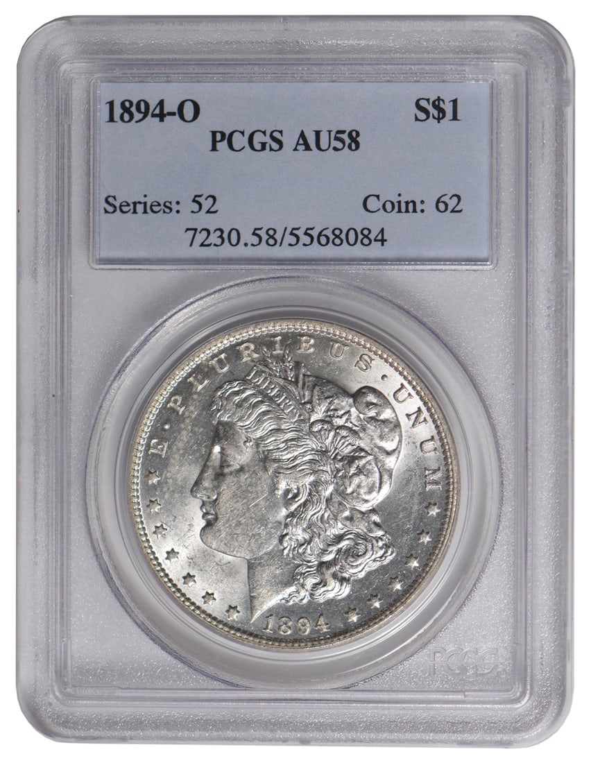 1894-O $1 Morgan Silver Dollar PCGS AU58: One 1894-O $1 Morgan Silver Dollar PCGS AU58.