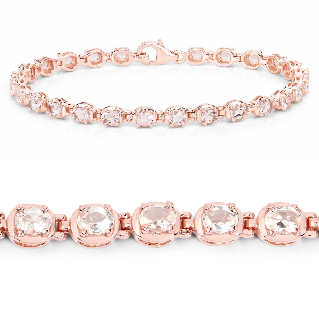 Plated 14KT Rose Gold 3.90ctw Morganite Bracelet: Twenty?six natural 4×3?mm oval morganites (3.90?ctw) forms this 14K rose gold–plated .925 sterling silver tennis bracelet, creating a continuous soft?pink profile in classic prong settings. The des