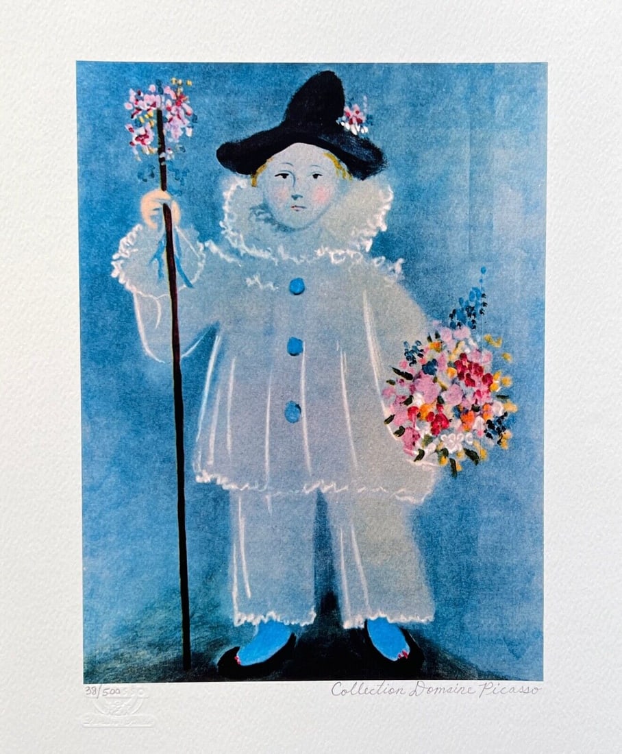 Pablo Picasso PAUL AS PIERROT Estate Signed Limited Edition Giclee: This is a PABLO PICASSO (ESTATE COLLECTION DOMAINE) (1881-1973) giclee titled PAUL AS PIERROT. This piece is pencil signed on the lower right as Collection Domaine Picasso and has an embossed seal sta