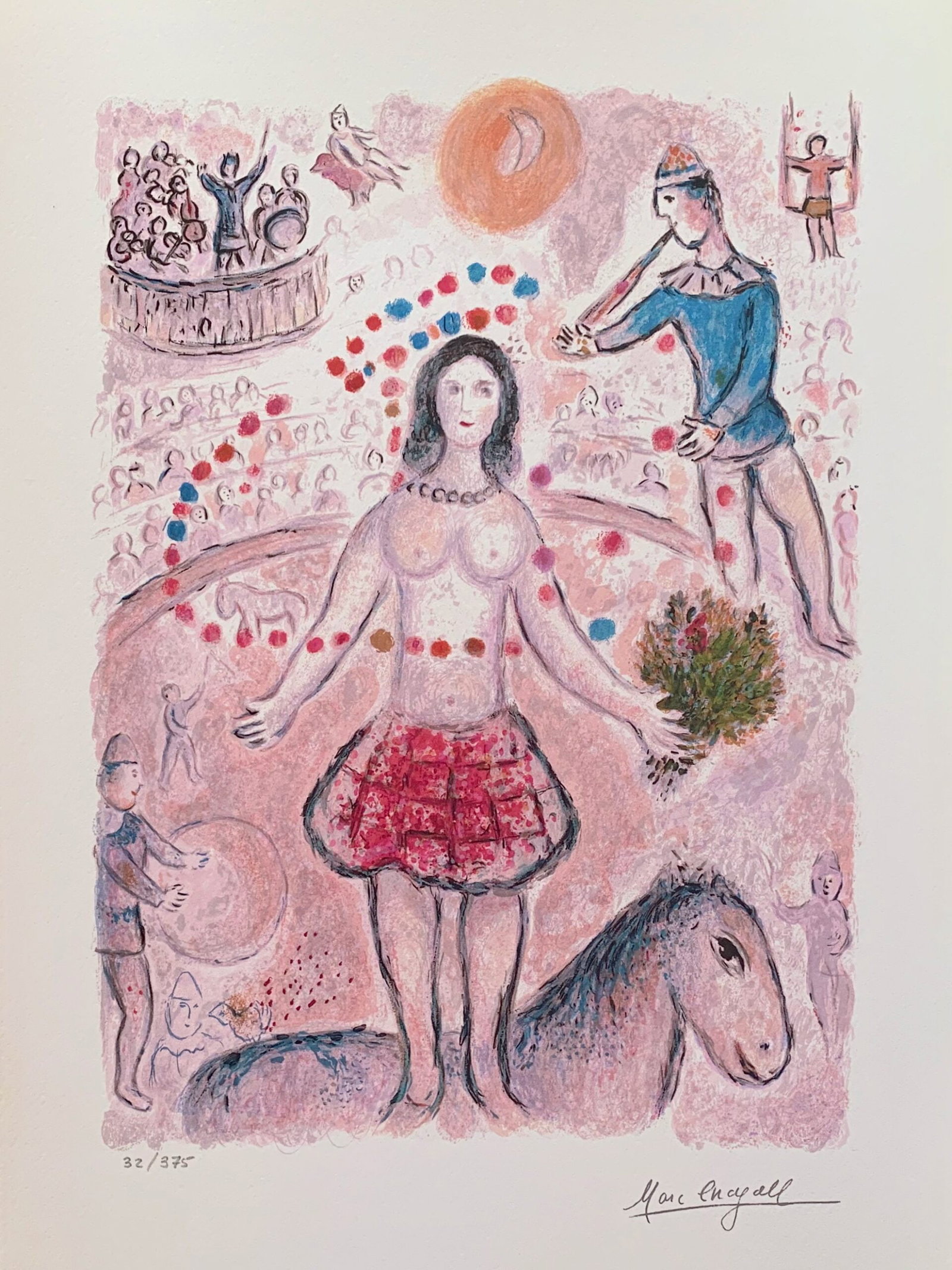 Marc Chagall DANCER & FLUTIST Facsimile Signed Limited Edition Giclee: This is a Marc Chagall limited edition giclee titled The Dancer and the Flutist. This subject is facsimile signed which means it has a copy of Chagalls signature. Numbered from a limited edition of 37