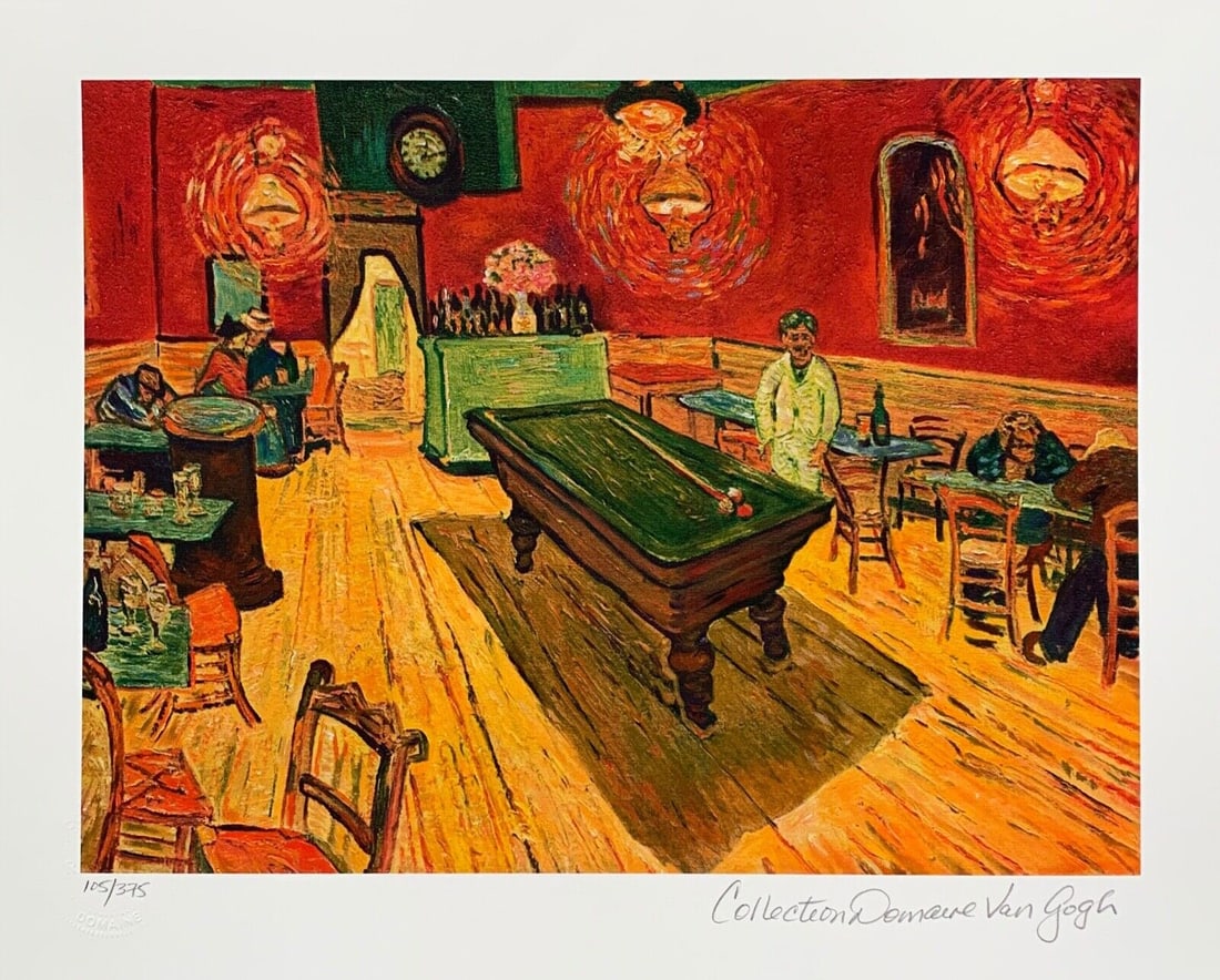 Vincent Van Gogh THE NIGHT CAFE, Rec. Billiard Room Estate Signed Giclee: This is a VINCENT VAN GOGH (ESTATE COLLECTION DOMAINE) reproduction giclee titled The Night Cafe, Billiard Room. This piece is pencil signed on the lower right as Collection Domaine Van Gogh and has a