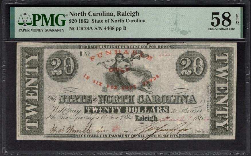 1862 $20 Raleigh NC Obsolete PMG 58EPQ (1 of 2)