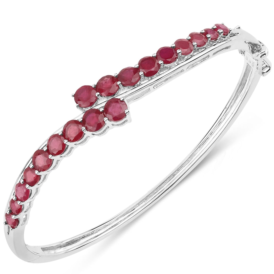 Rhodium Plated 7.48ctw Ruby Bracelet: 7.48 Carat Glass Filled Ruby Sterling Silver Bangle. Glass Filled Ruby Round/5.00mm - 4/2.40 ctw Natural Heat Treated H + Glass Filled Ruby Round/4.50mm - 6/2.88 ctw Natural Heat Treated H + Glass Fil