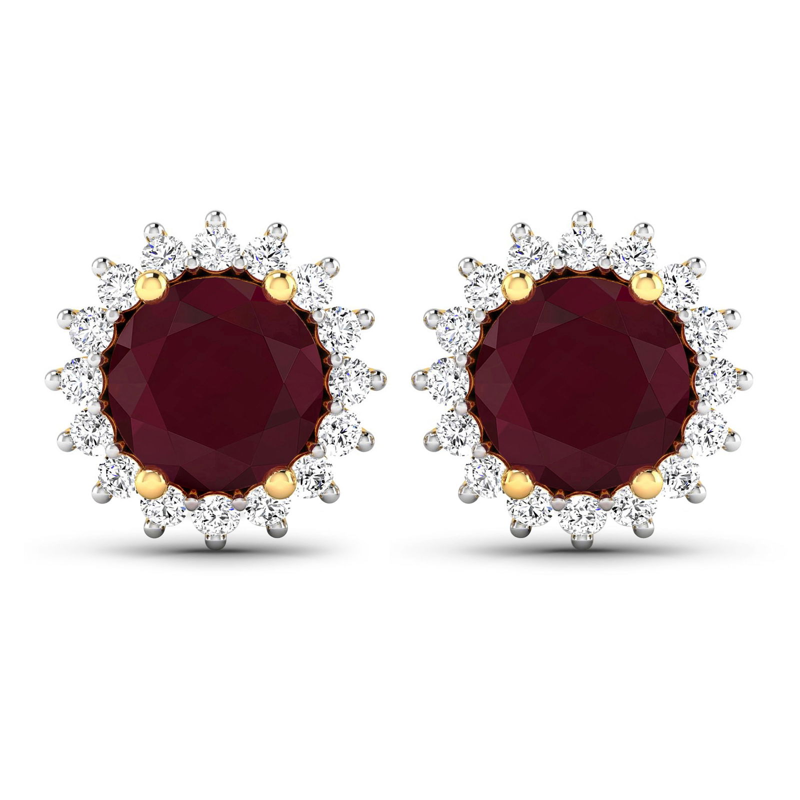 14KT Yellow Gold 2.1ctw Ruby and Diamond Earrings: Ruby (AA) Round 6.00mm - 2Pcs + White Diamond F/C Round 1.30mm - 32Pcs ( Push-Post ) ( White Pan Rhodium ) ( I1-I2/I color ) Total weight of gemstones is 2.1cts. Total Diamond weight is 0.32cts. Total