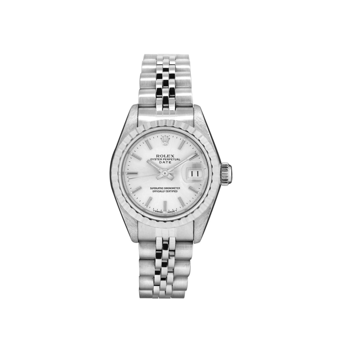 Rolex Ladies Stainless Steel Silver Index Quickset Date Watch: This Lady Rolex Quickset Date watch features a silver dial with index hour markers and a custom sapphire crystal, with a magnified date window. The timepiece has Rolex stainless steel engine turn beze