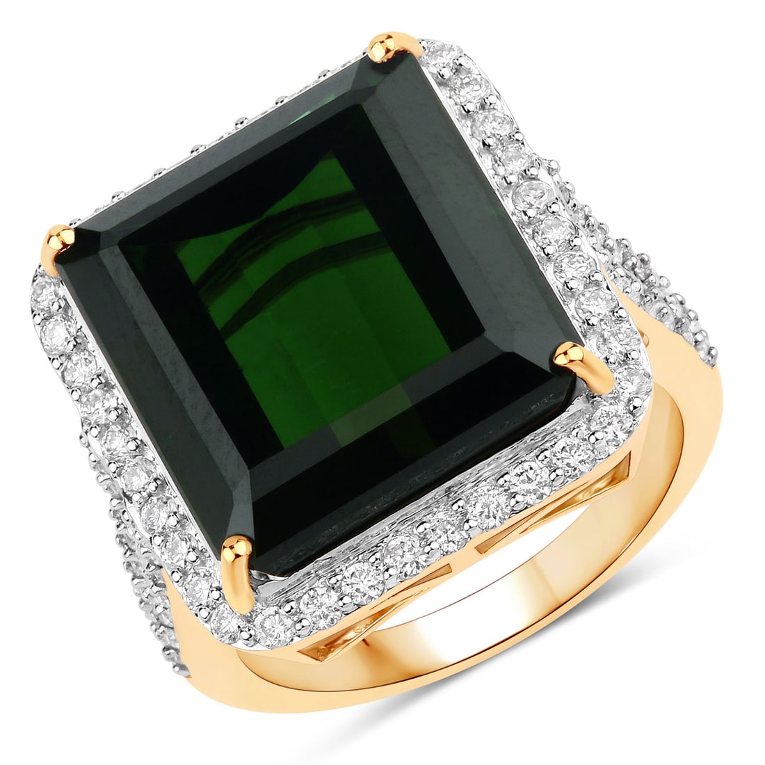 14KT Yellow Gold 16.56ct Green Tourmaline and Diamond Ring: This striking women’s halo ring is crafted in rich 14K yellow gold and showcases a bold 16.56 ctw natural green tourmaline in an octagon cut, measuring 15.30 × 14.30 mm and secured in a refined pro